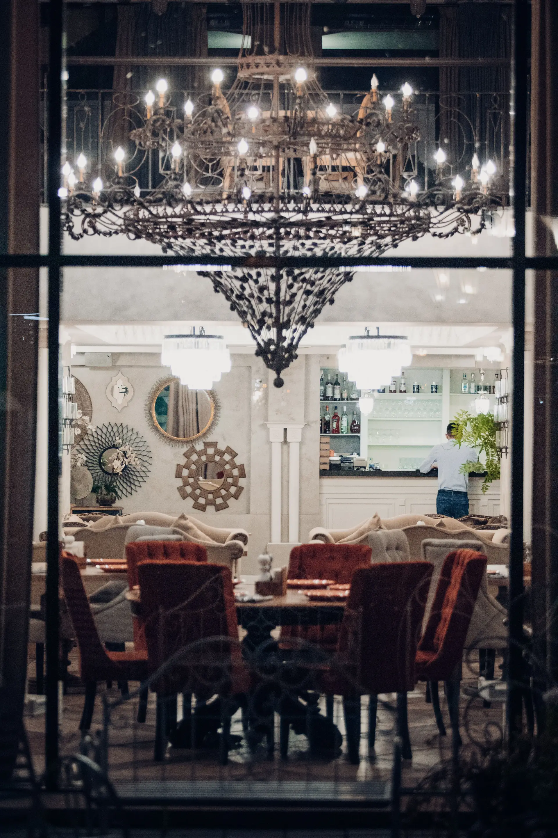 Luxurious restaurant interior view through window