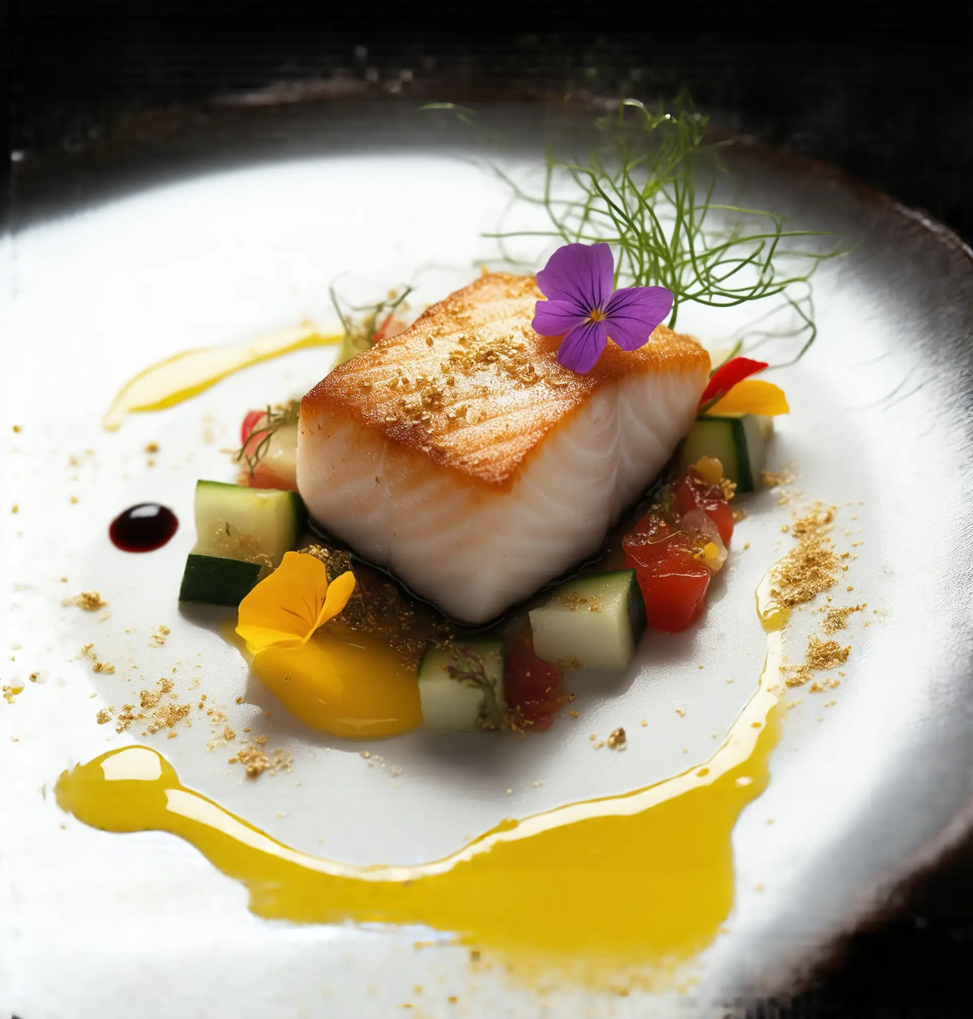 Salmon with vegetables and edible flowers