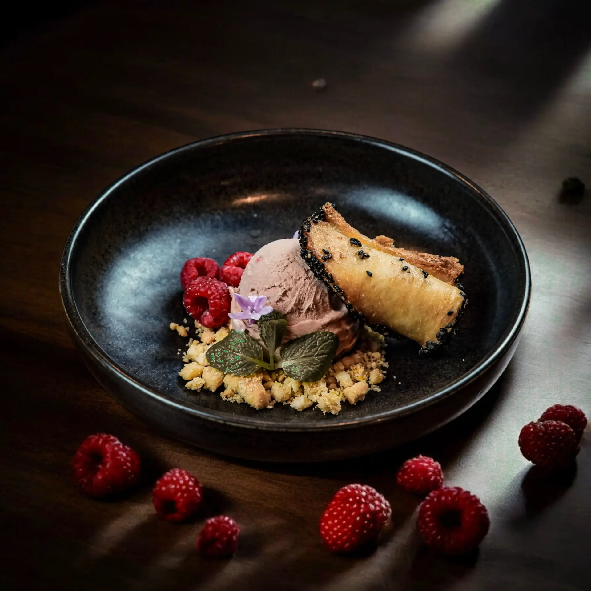Chocolate dessert with raspberries