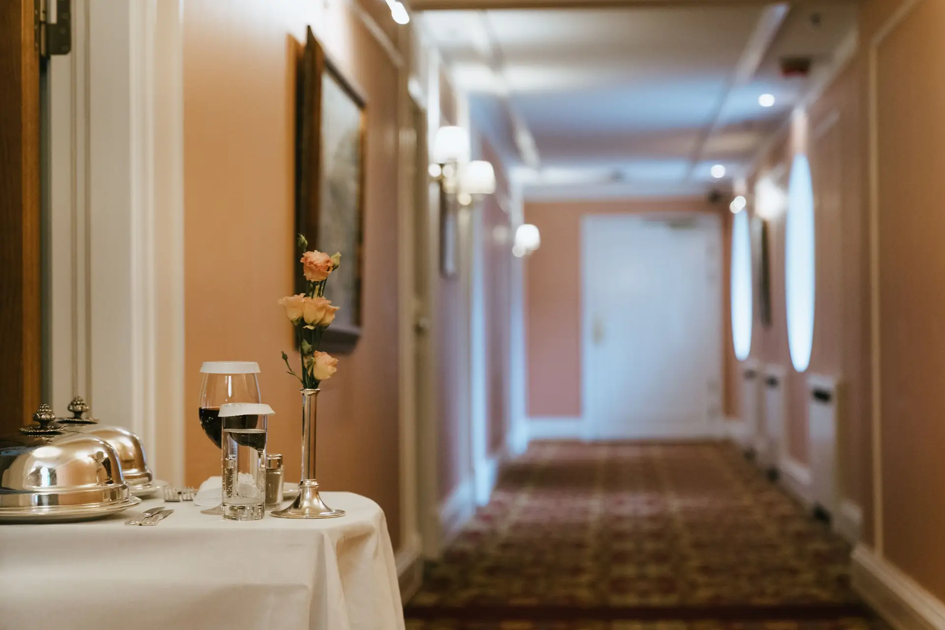 Luxurious corridor with room service hospitality